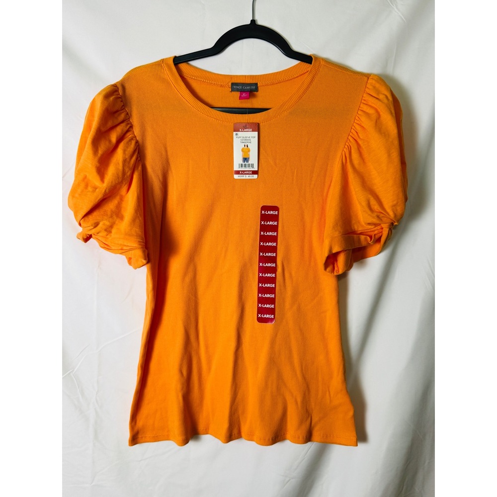 Vince Camuto Womens Puff Sleeve Top Tangerine Orange Ribbed Knit Tee XL C318940Q